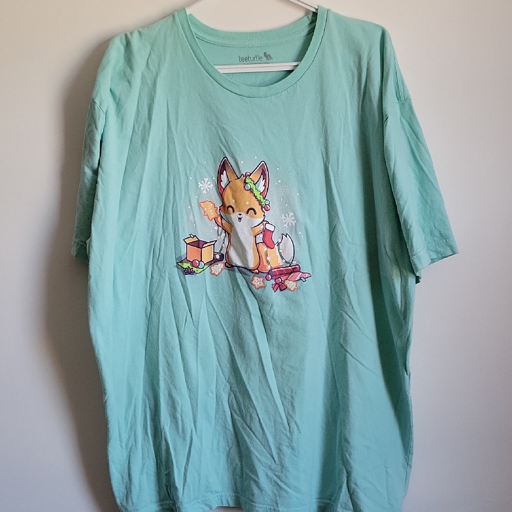 Mint Cartoon Christmas FoxShort Sleeve Tee